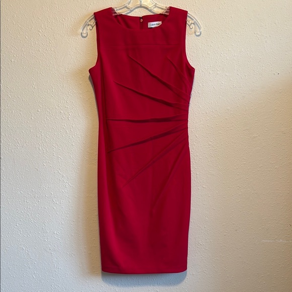Calvin Klein Dresses & Skirts - Calvin Klein Red Ruched Sheath Dress Scoop Neck Midi